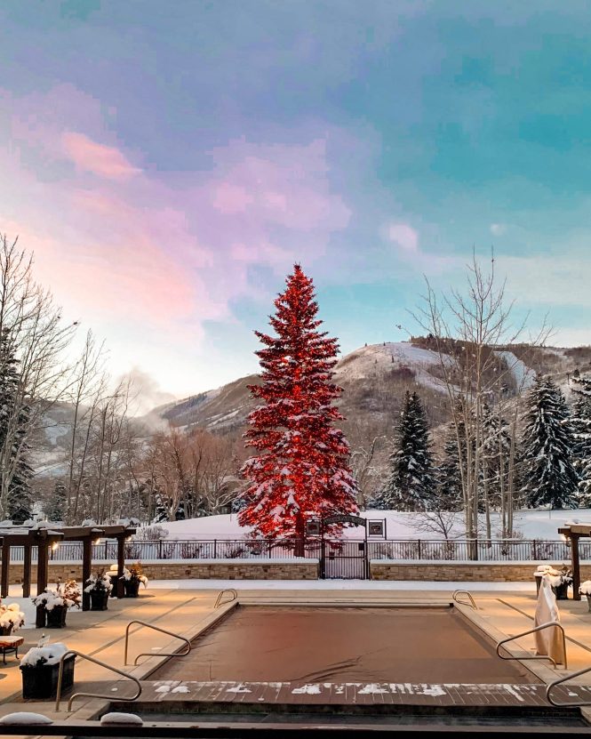 tall pine with red christmas lights glowing in the early morning snow with a cotton candy sunrise sky behind it. mountain in background and heated pool in forefront