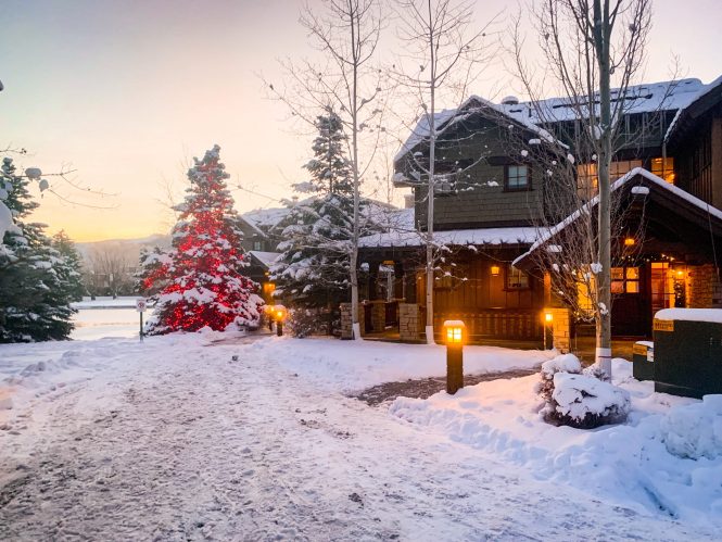 winter ski villa with snow and glowing lights with tall pine and red christmas lights glowing beside it in the early morning